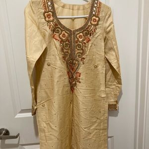 New Fancy Desi Indian Pakistani Shalwar Kameez cream and orange gold detail